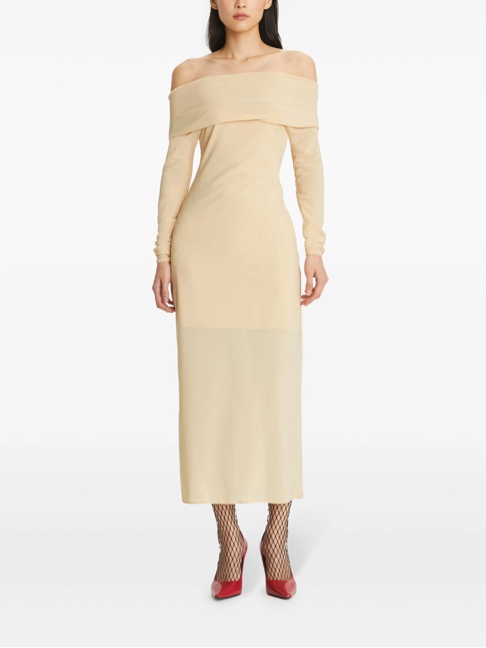 Tory Burch Off-Shoulder Mesh Long Sleeve Dress Ivory Size 8